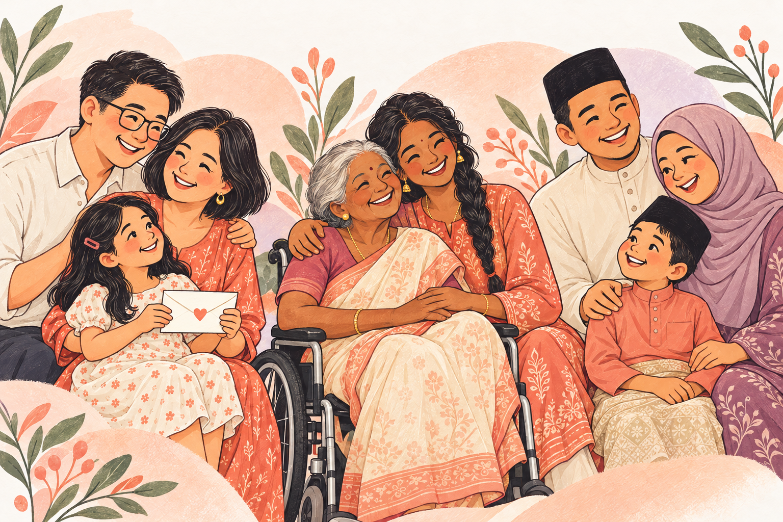 A warm illustration of Chinese, Indian and Malay Malaysian families, including children, an older wheelchair user and a woman in a hijab, sharing a moment together.